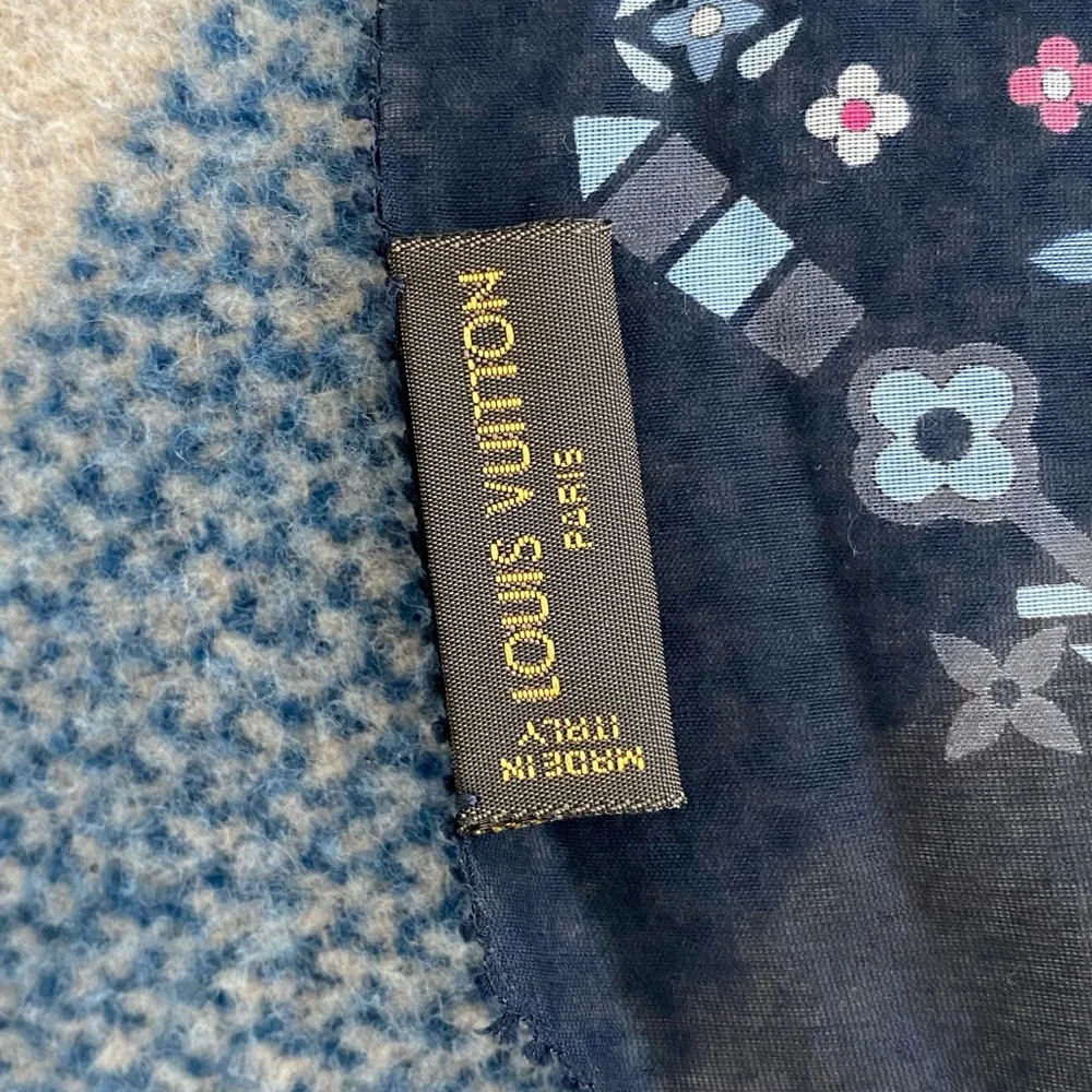 Louis Vuitton Silk Scarf Navy Monogram Floral Print Bandana Style Authentic - Picture 6 of 8